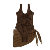 Traje de baño de una pieza sin mangas con cordón de malla sólido ahuecado con falda de playa